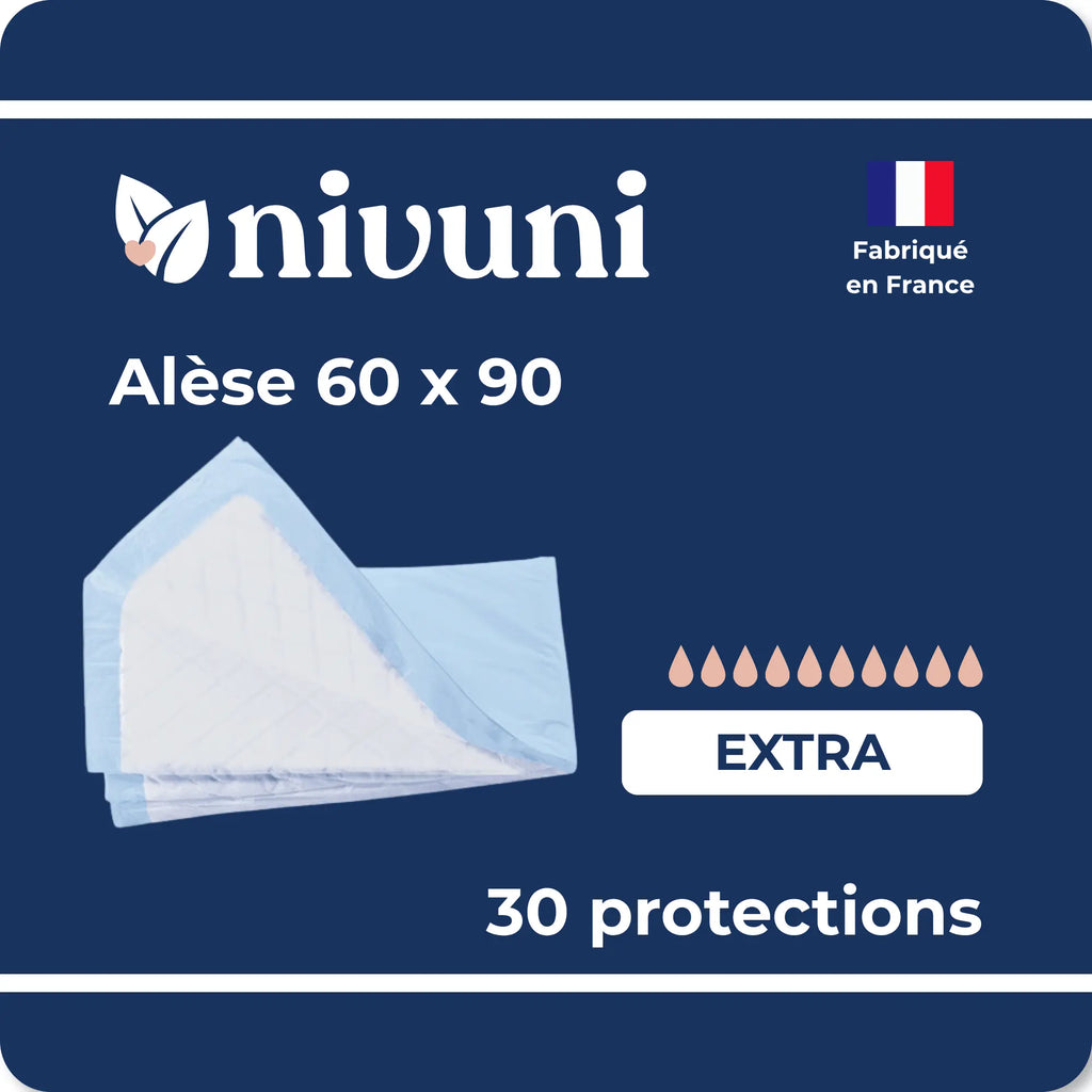 Alèse absorbante jetable 60x90 extra Nivuni fabriquée en France paquet de 30 protections
