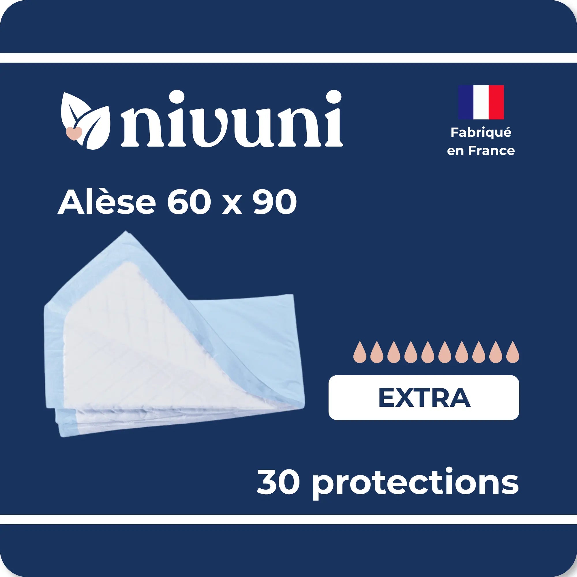 Alèse absorbante jetable 60x90 extra Nivuni fabriquée en France paquet de 30 protections