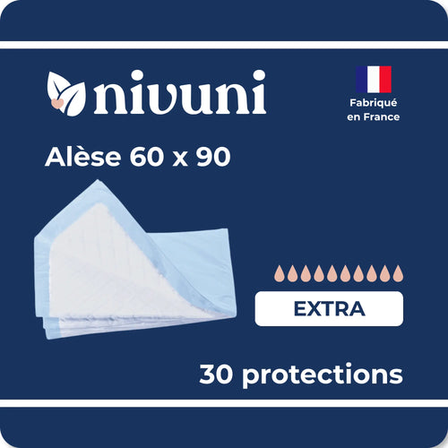 Alèse absorbante jetable 60x90 extra Nivuni fabriquée en France paquet de 30 protections