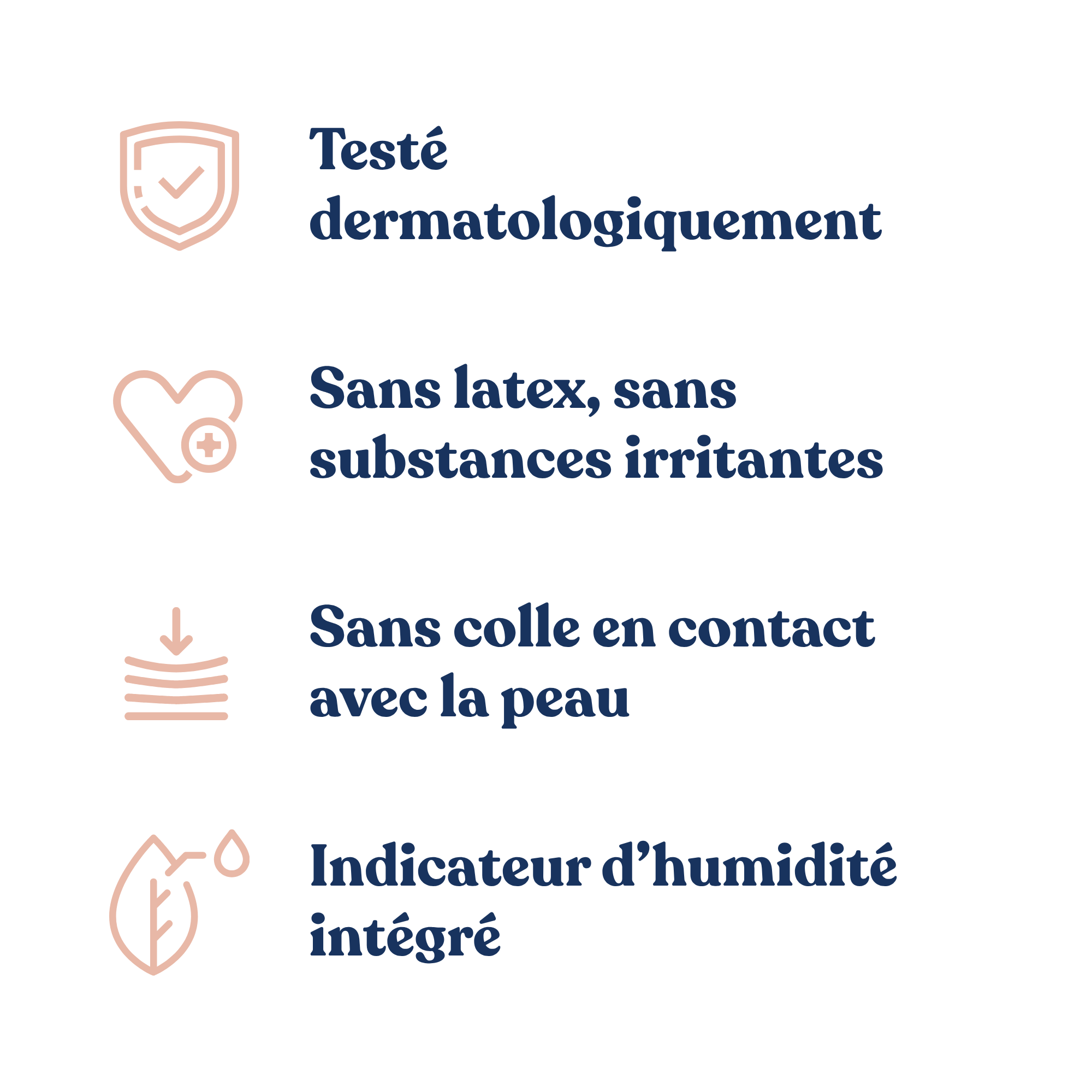 Infographie Nivuni présentant les garanties de sécurité : testé dermatologiquement, sans latex, sans substances irritantes, sans colle en contact avec la peau et indicateur d'humidité intégré.