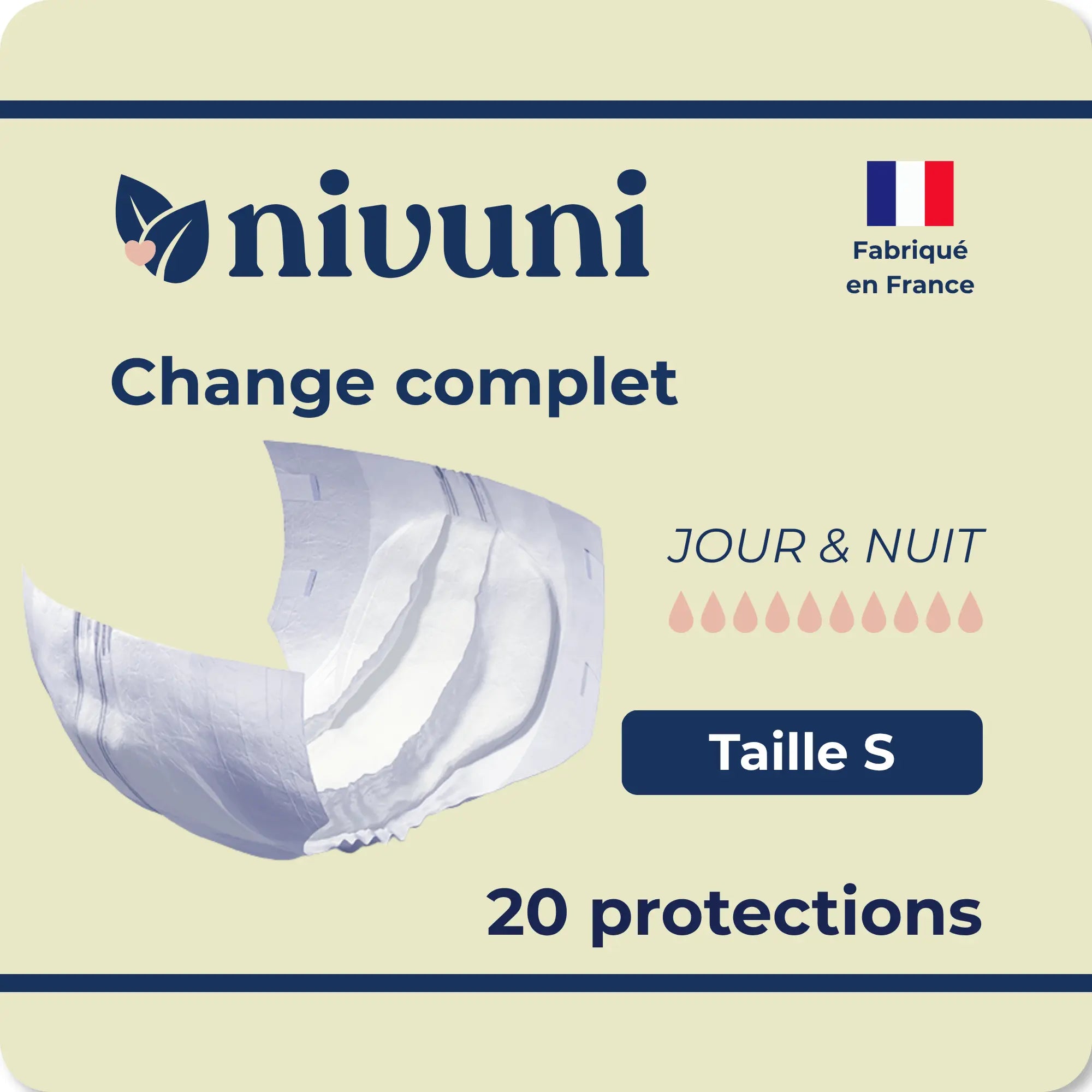 Change complet adulte jour et nuit taille S Nivuni fabriqué en France paquet de 20 protections