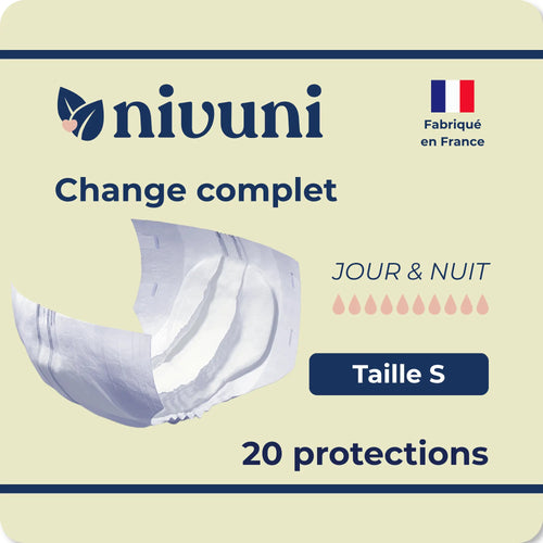Change complet adulte jour et nuit taille S Nivuni fabriqué en France paquet de 20 protections