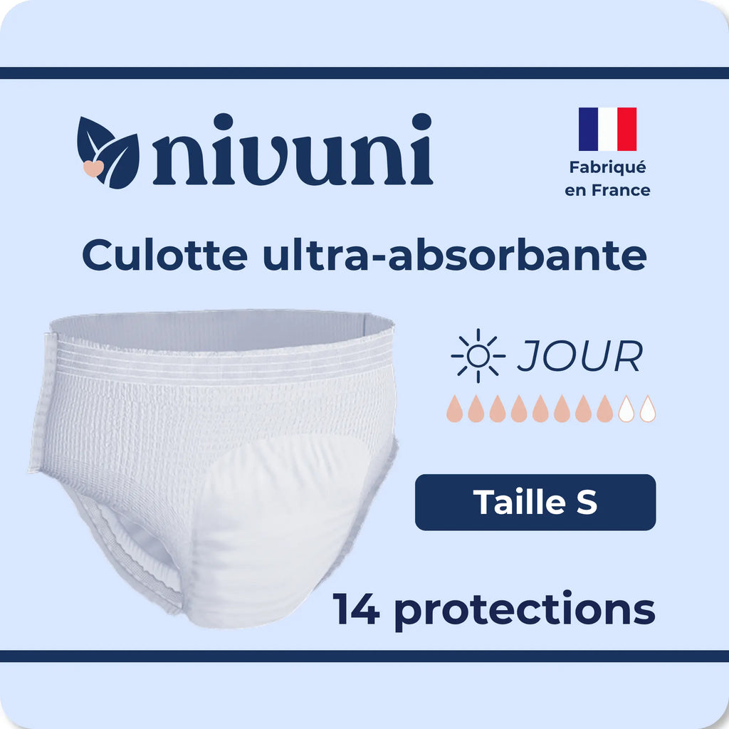 Culotte ultra absorbante jour taille S Nivuni fabriquée en France paquet de 14 protections
