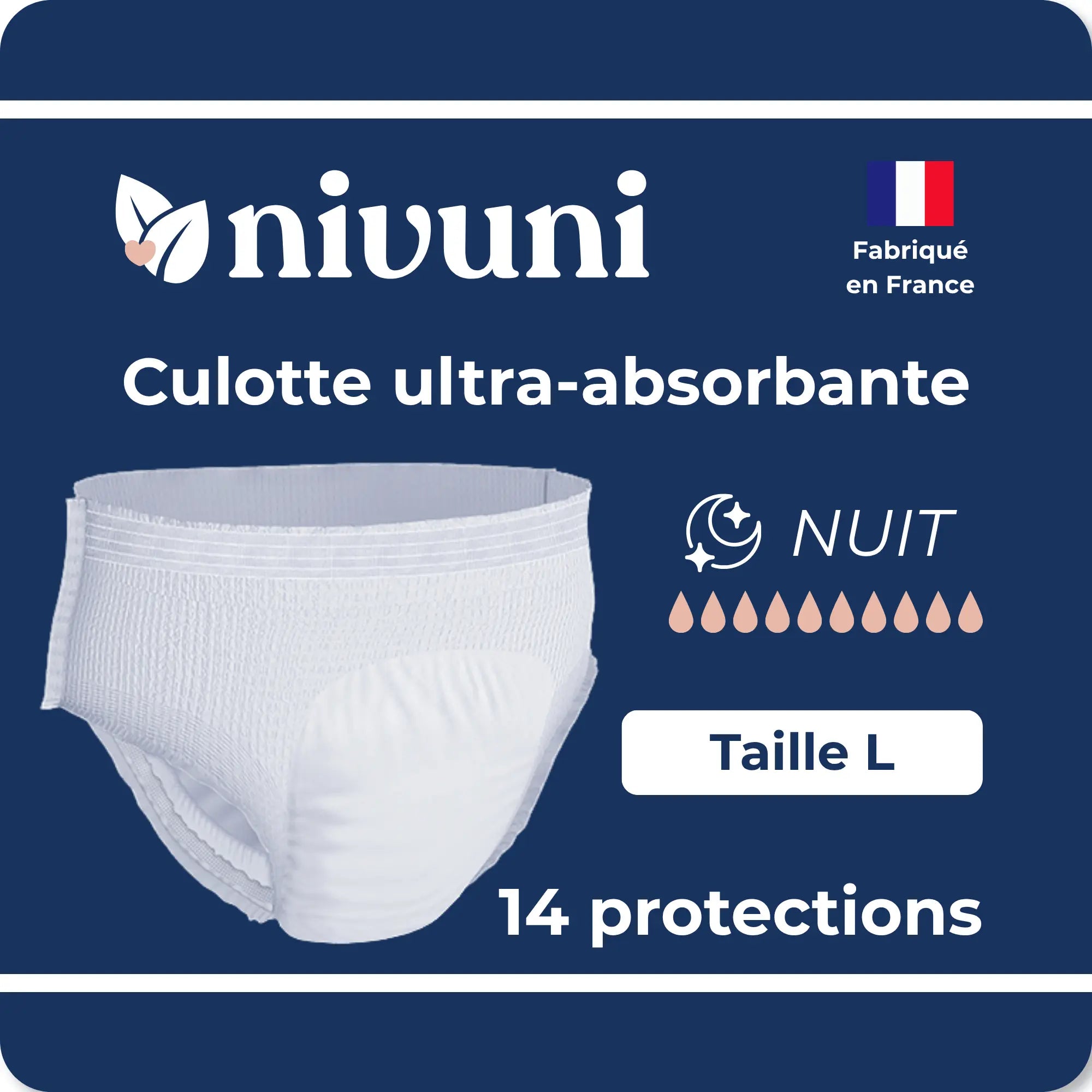Culotte ultra absorbante nuit taille L Nivuni fabriquée en France paquet de 14 protections