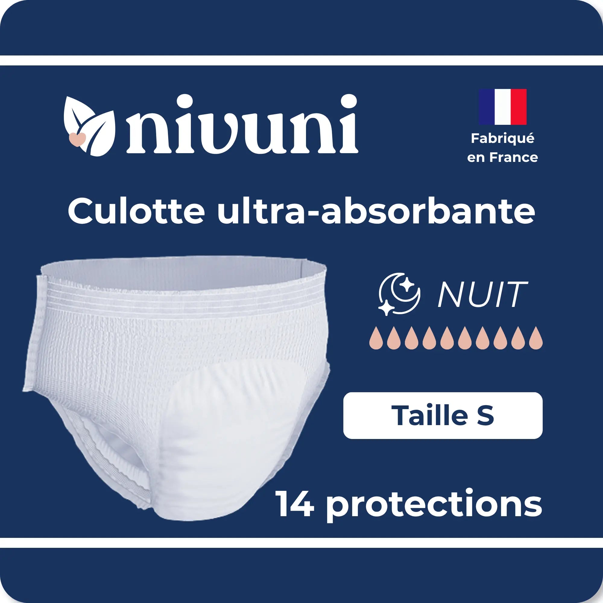 Culotte ultra absorbante nuit taille S Nivuni fabriquée en France paquet de 14 protections