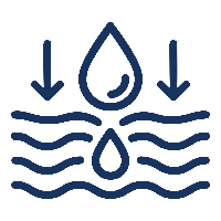 Icône bleue illustrant l'absorption d'une goutte d'eau à travers plusieurs couches protectrices avec des flèches pointant vers le bas, sur fond transparent.