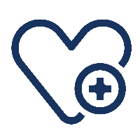 Icône bleue en forme de cœur avec un symbole plus (croix médicale) sur fond transparent.