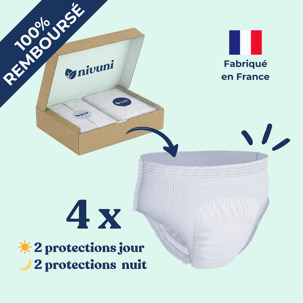 Infographie kit d'essai Nivuni "Testez avant d'adopter" comprenant 2 protections Jour et 2 protections Nuit, 100% remboursé à la première commande avec livraison discrète.
