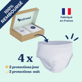 Infographie kit d'essai Nivuni "Testez avant d'adopter" comprenant 2 protections Jour et 2 protections Nuit, 100% remboursé à la première commande avec livraison discrète.