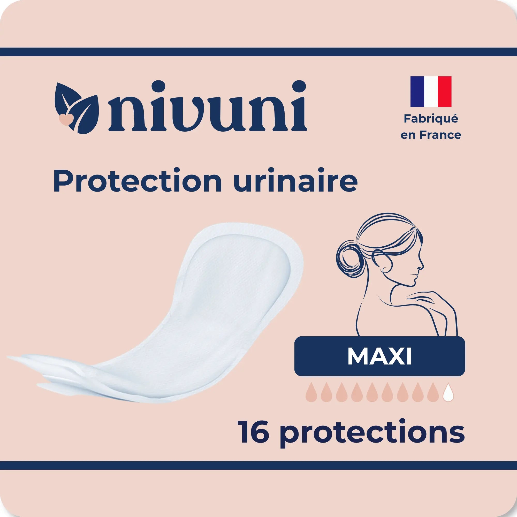 Protection urinaire femme maxi Nivuni fabriquée en France paquet de 16 protections absorbantes