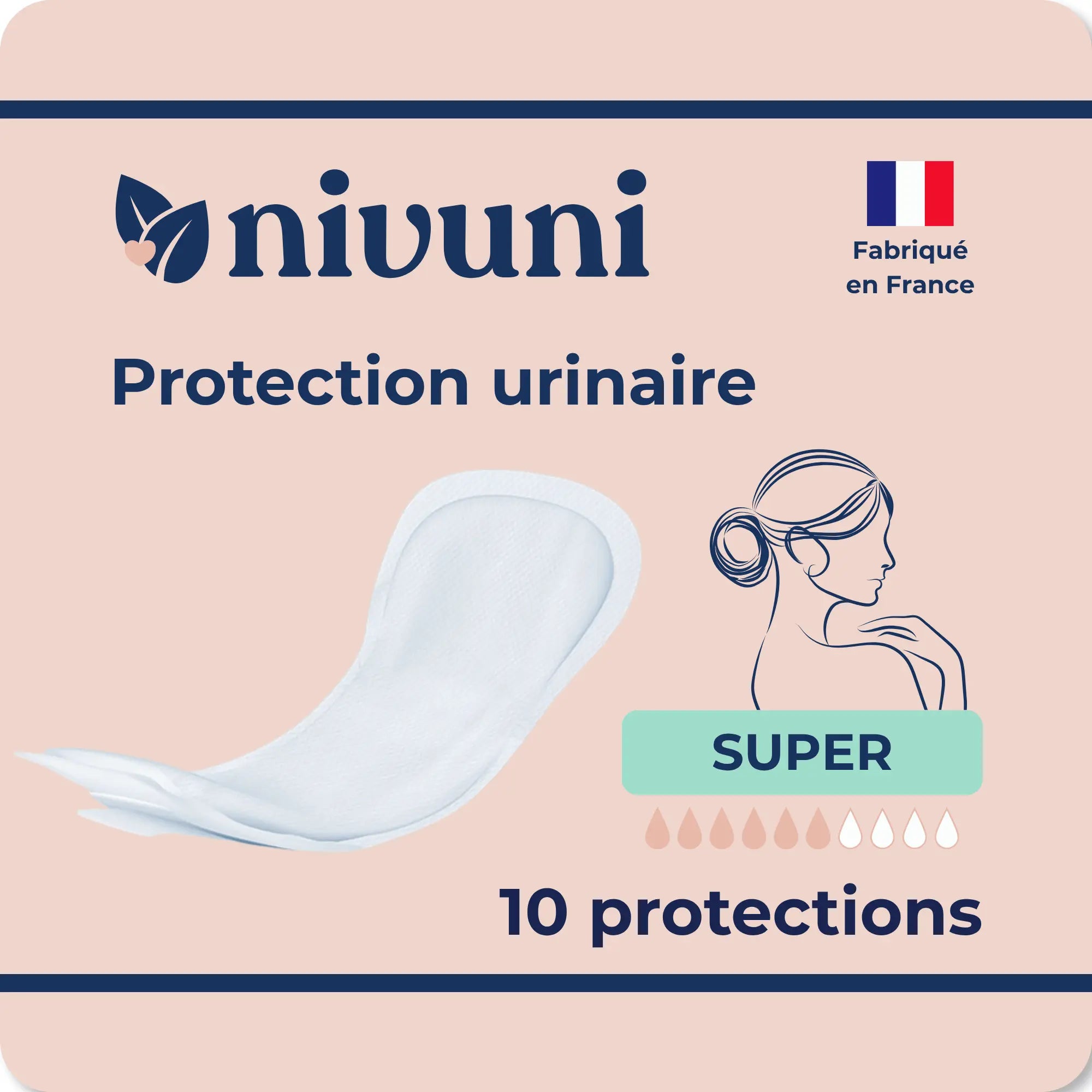 Protection urinaire femme super Nivuni fabriquée en France paquet de 10 protections absorbantes