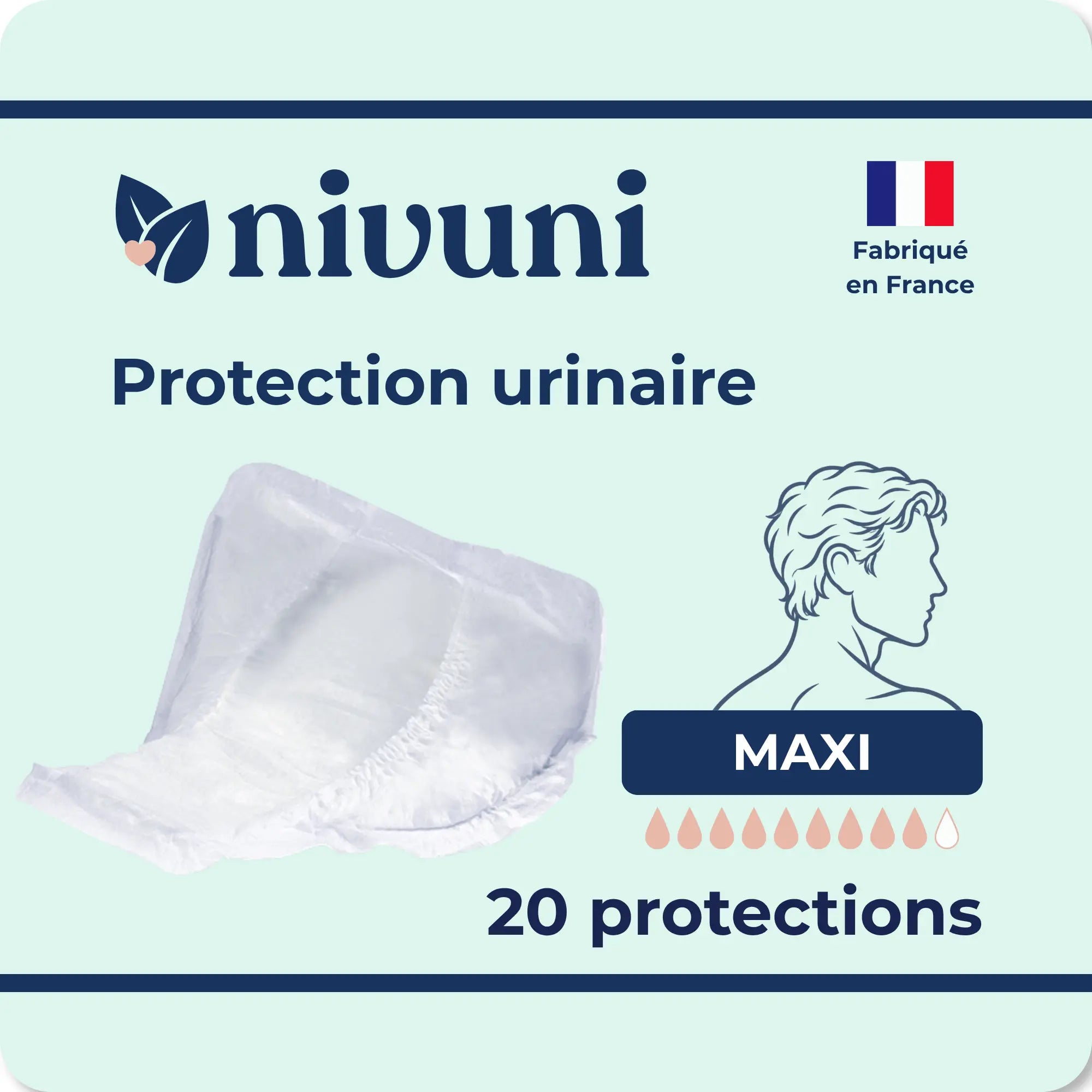 Protection urinaire homme maxi Nivuni fabriquée en France paquet de 20 protections absorbantes