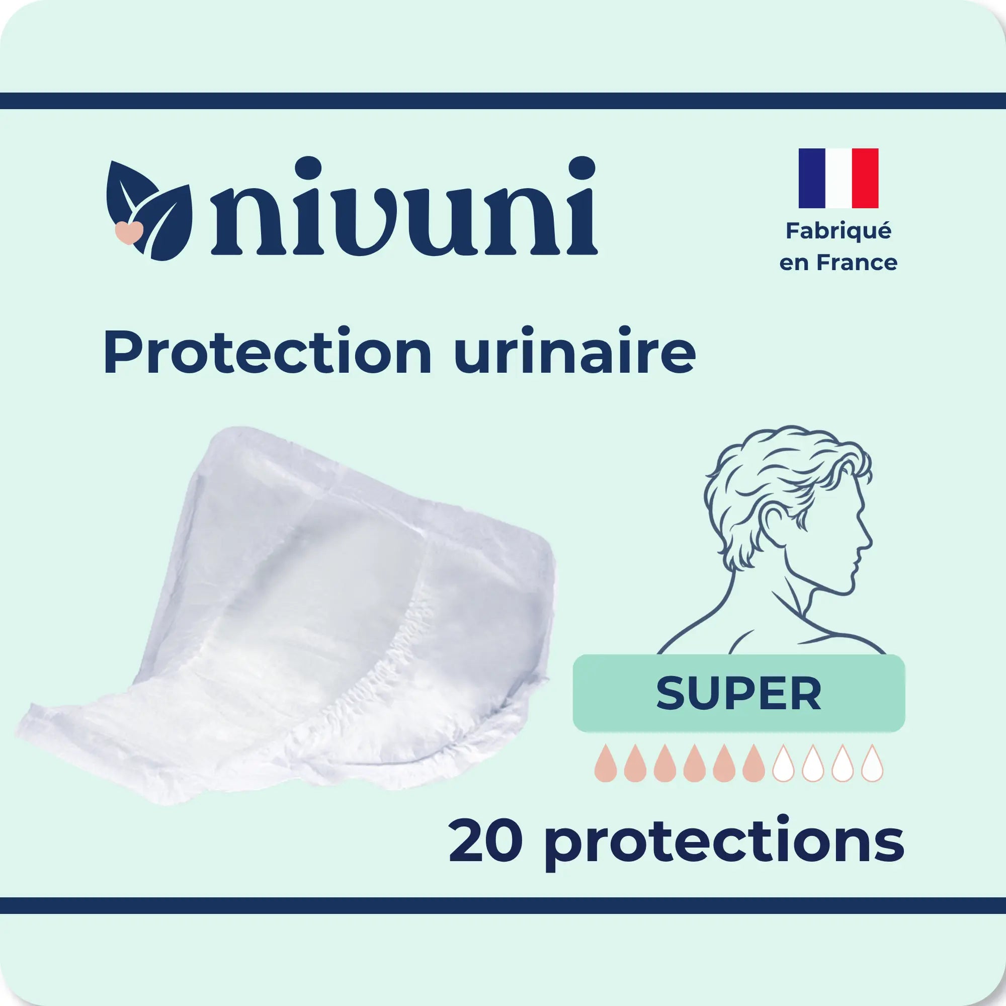 Protection urinaire homme super Nivuni fabriquée en France paquet de 20 protections absorbantes